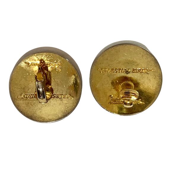 70s 80s LARGE Laurel Burch Celestial Birds Clip On Earrings | Black & Gold | 1" - Picture 5 of 6